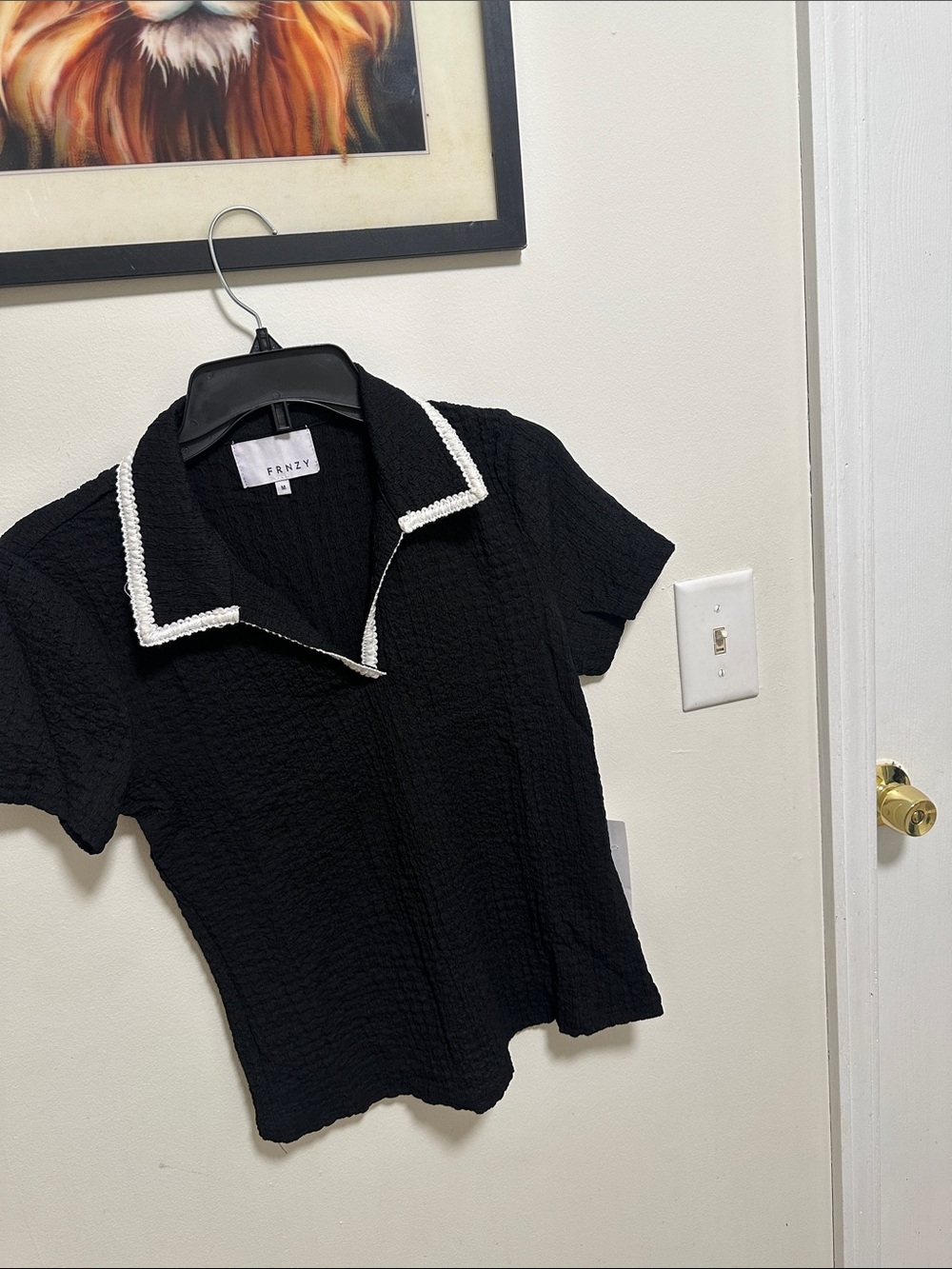 FRNZY Black Knit Polo Top with White Trim